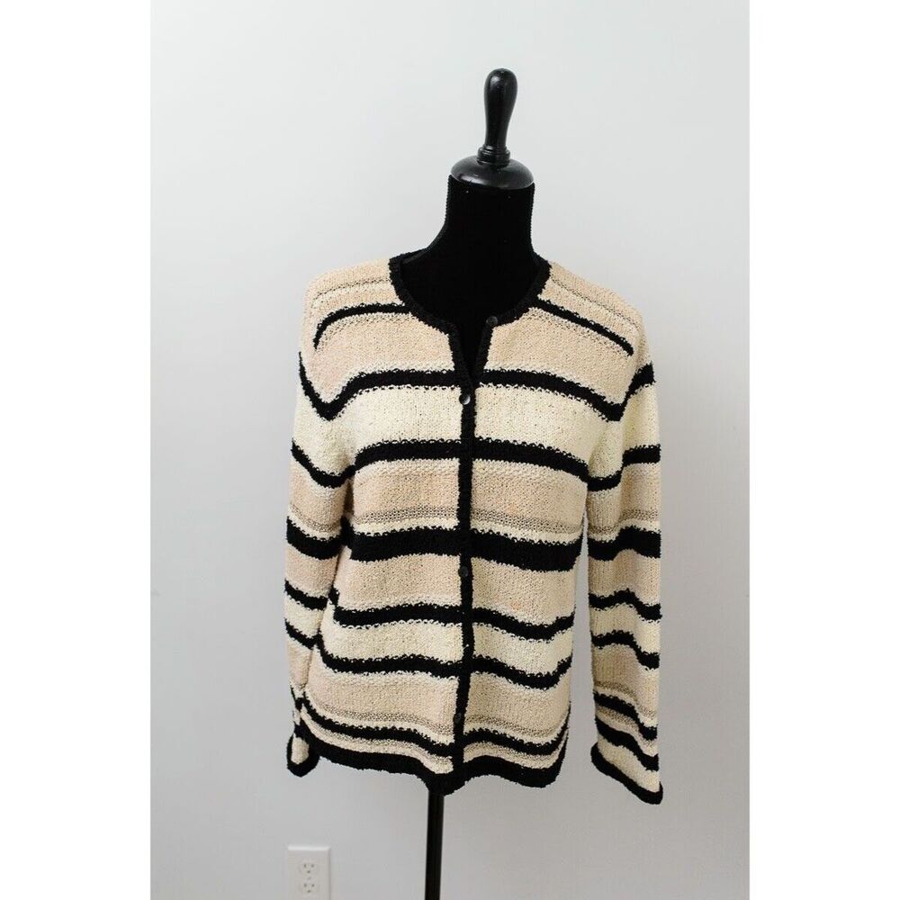 Vintage Talbots Hand-Knit Striped Cardigan Sweater L Black & Beige cruise resort